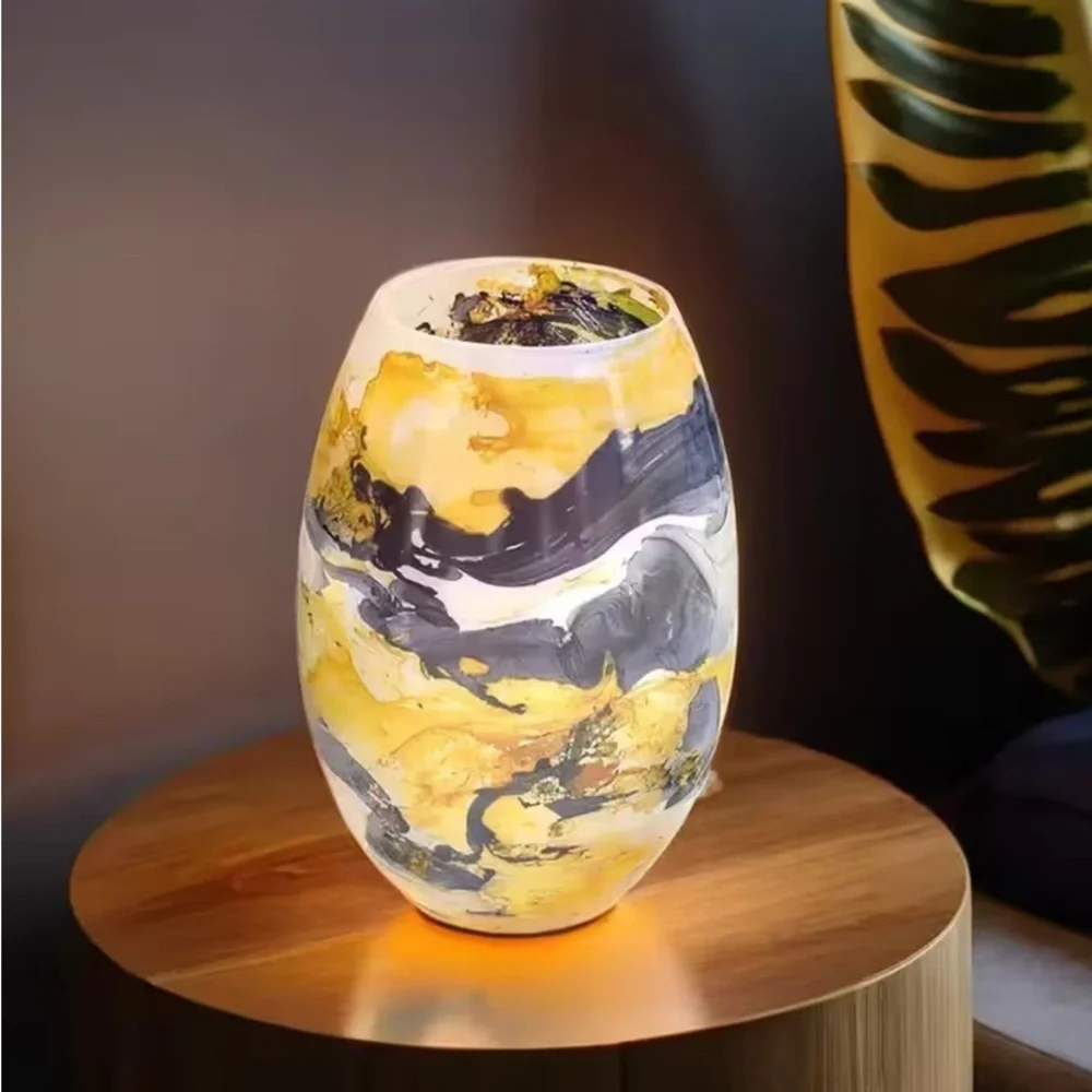 Handcrafted Marble Printed Black & Yellow Glass Lamp